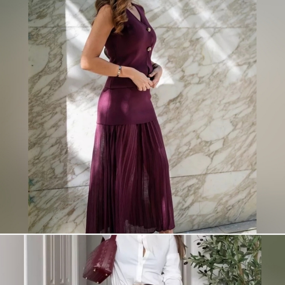 NWT ZARA MIXED PLEATED KNIT Elegant Burgundy Maxi SKIRT BLOGGERS FAV - Picture 5 of 15